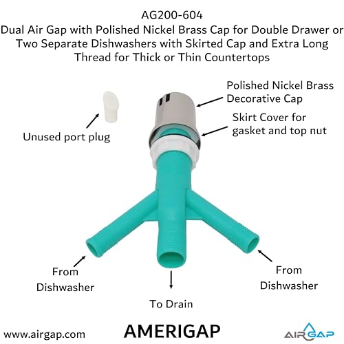 Dual Air Gap with Polished Nickel Brass Cap for Double Drawer or Two Separate Dishwashers with Skirted Cap and Extra Long Thread for Thick or Thin Countertops (AG200-604)