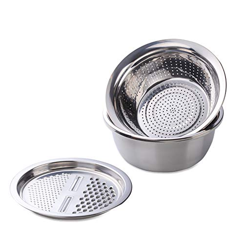 3-In-1 Multifunctional Grater Basin Colander Strainer Set, Mingcheng Stainless Steel Kitchen Grater/Drain Basket/Bottom Basin for Washing Rice, Fruits, Vegetable, Grater with Container (Silver) (Silver)