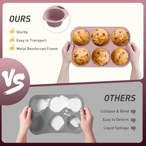 2 Pack 6 Cups Jumbo Muffin Pan with Metal Reinforced Frame Silicone Molds Egg Bites Silicone Circle Cookie Molds Extra Large Muffin Tin Jumbo Tart Pans Baking Sheet Set for Sandwiches (2pc: 6-Cup Jumbo / Morandi Pink)