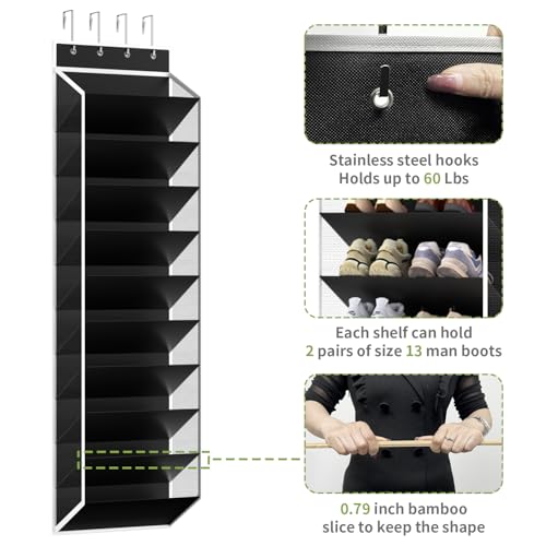 10 Tiers Mesh Over Door Shoe Organizer Storage (Black-1 Pack of 10 Cell)