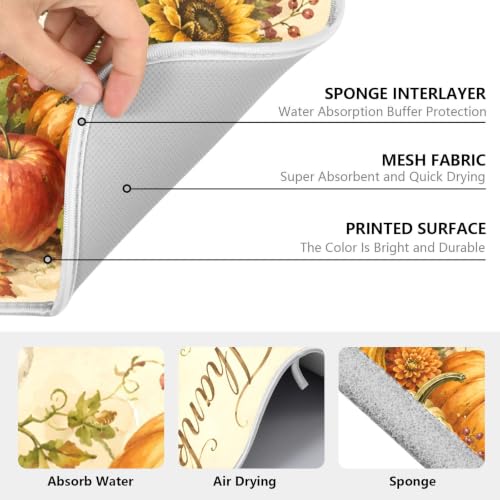 Thanksgiving Dish Drying Mat for Kitchen Counter Absorbent Microfiber Small Drying Pad Fall Autumn Harvest Pumpkin Dish Mats for Kitchen Countertops 16 x 18 Inch (Thanksgiving Harvest / 18" x 16")