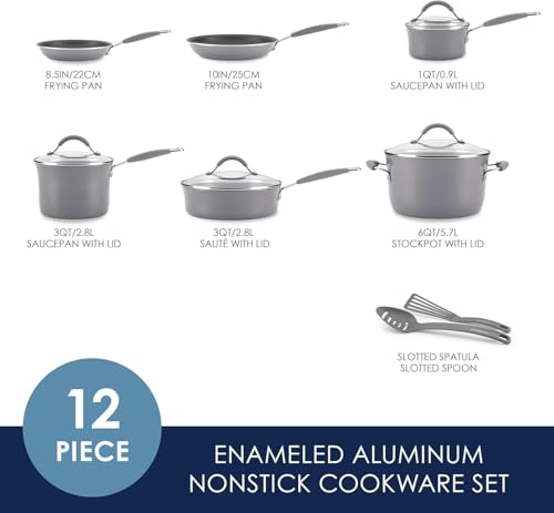 Cucina Nonstick Cookware (Sea Salt Gray / 12 Piece Porcelain Enamel)