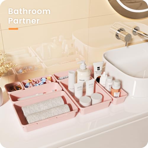 Military Grade】 Drawer Organizer for Vanity Bathroom Makeup Desk (Pink)