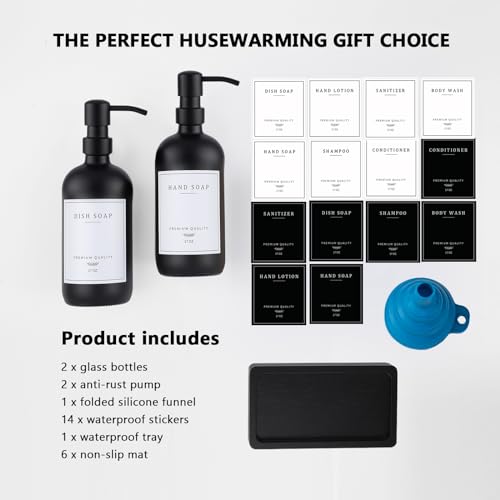 Black Thick Glass Soap Dispenser (Black Bottle/Black Pump + Tray + Funnel)