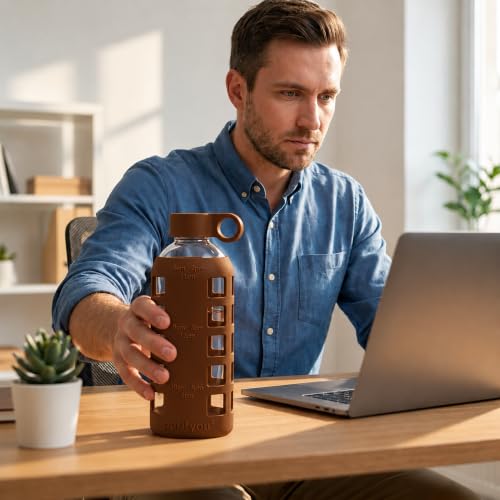 40oz / 32oz / 22oz / 12oz Borosilicate Glass Water Bottle with Time & Volume Markers, Silicone Sleeve, Stainless Steel Lid | Reusable Glass Bottle for Water & Juice (22oz Earth Brown) (Earth Brown / 22 Ounces)