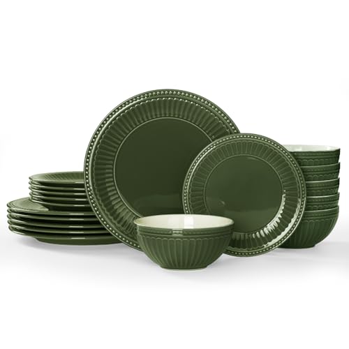 Ceramic Plates and Bowls Sets (Dark Green / Service for 6)