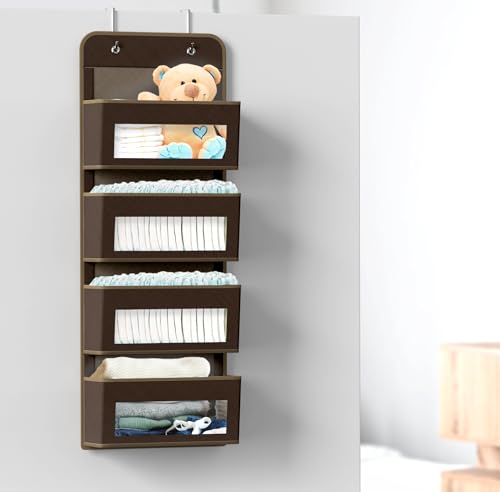 4 Clear Window Pocket Over Door Hanging Organizer (4 Pockets / Brown)