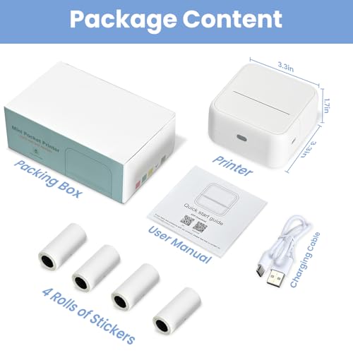 Sticker Printer with 4 Roll Paper Portable Thermal Inkless Printer (White)