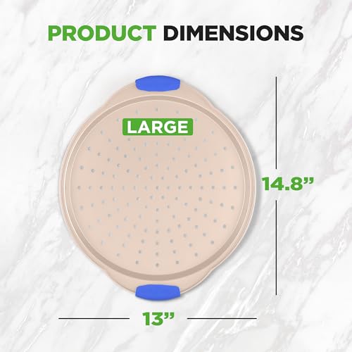 13-Inch Non-Stick Pizza Tray - with Silicone Handle, Round Steel Non-stick Pan with Perforated Holes, Premium Bakeware, Pizza Tray with Extended Handles, Dishwasher Safe - Champagne Gold