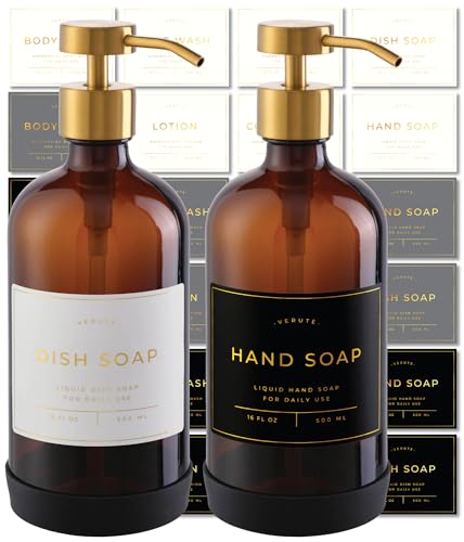 Hand and Dish Soap Dispenser for Kitchen and Bathroom (Amber Bottle / Brushed Gold Pump)