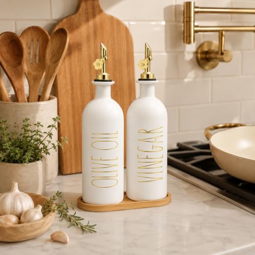 16oz Olive Oil Dispenser Bottles for Kitchen (White&Gold+Tray / 16 fl oz)