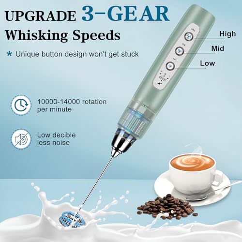 Milk Frother Wand Rechargeable Handheld Whisk Coffee 3 Speed Adjustable (Frother with stand / Morandi Green)
