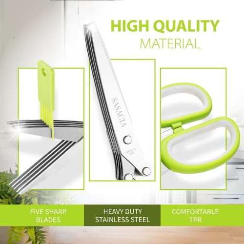 Herb Scissors with 5 Blades & Cleaning Kit (Green and White)