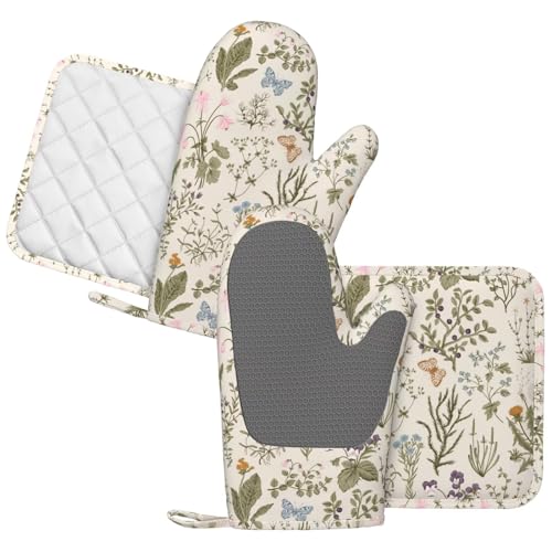 Vintage Wildflower Herbs Floral Rustic Butterfly Oven Mitts and Pot Holders Sets Silicone Kitchen Mitts Potholders Heat Resistant 4Pcs Oven Gloves Hot Pads for Kitchen Baking Cooking (Vintage Wildflower)