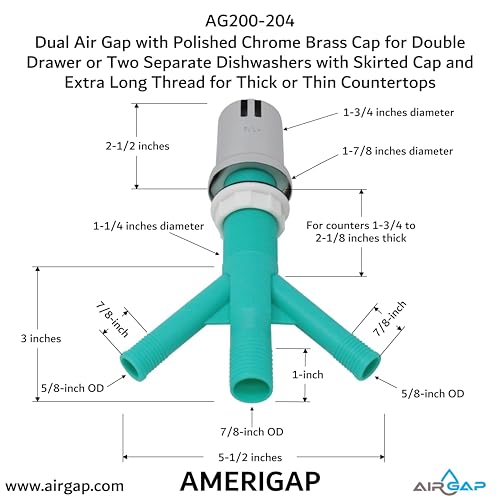 Dual Air Gap with Polished Chrome Brass Cap for Double Drawer or Two Separate Dishwashers with Skirted Cap and Extra Long Thread for Thick or Thin Countertops (AG200-204)