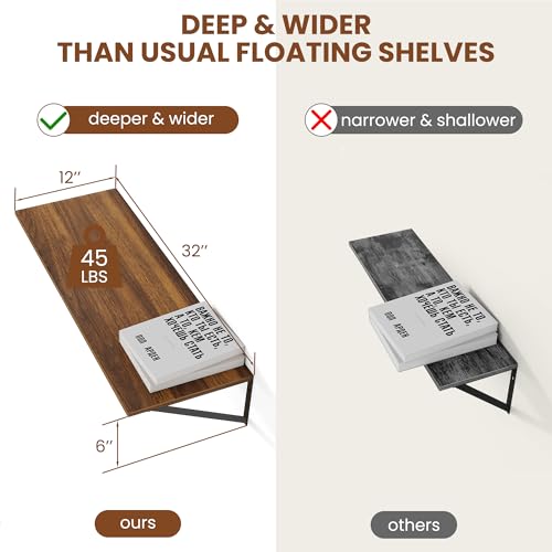 32W x 12D Deep Floating Shelves Set of 2 Walnut (Walnut With Black Metal Bracket / 32Wx12Dx5.8H)