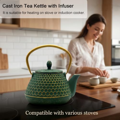 34oz Cast Iron Tea Kettle for Stovetop (Dark Green Hexagon Pattern, 1000ml/34oz)