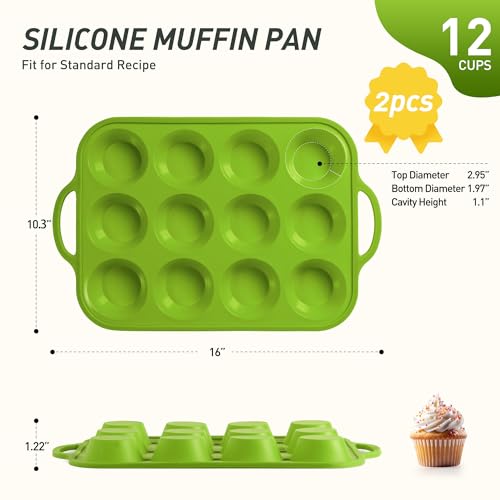 2 Packs 12 Cups Silicone Muffin Pan with Metal Reinforced Frame Regular Size Cupcake Pan Tray Egg Bites Silicone Circle Cookie Molds Muffin Tin Tart Pans Baking Sheet Set for Breakfast Sandwiches (Regular / Green)