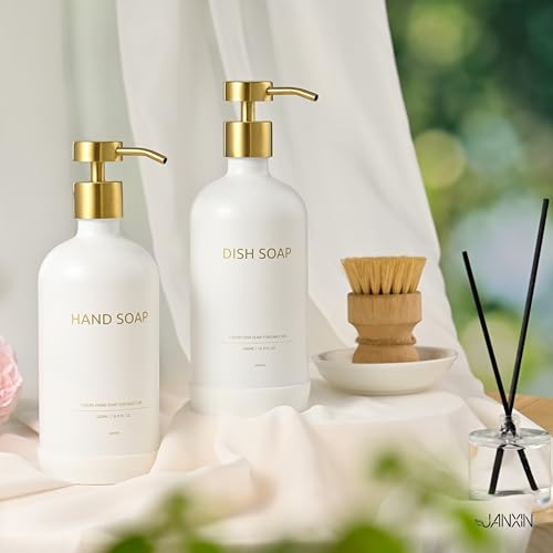Glass Kitchen Soap Dispenser Set with Ceramic Tray (White Bottles + Gold Pumps)