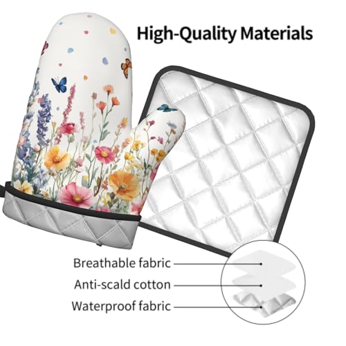 Spring Flower Oven Mitts and Pot Holder Kitchen Accessories Sets Botanical Floral Heat Resistant BBQ Cooking Oven Gloves Washable Hot Pads (Botanical Floral)
