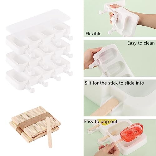 3 Set Popsicles Molds with Lids and 100 Pcs Wooden Popsicles Sticks (White / Standard Size)