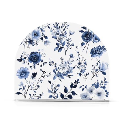 Blue White Porcelain Flower Napkin Holder for Table Paper Napkins Holder Acrylic Tissue Dispenser Kitchen Dining Room Bathroom Party Car Decor (NH065 / 4.1x4.9x1.97in)
