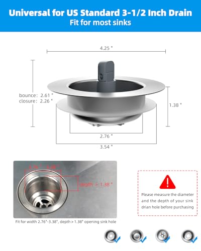 Upgraded 3 in 1 Kitchen Sink Drain Strainer and Stopper Combo (Stainless Steel with 1 Strainer)