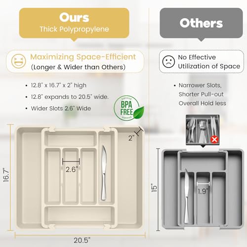Large Silverware Organizer Tray for Kitchen Drawer Utensils Thicker (Light Beige)