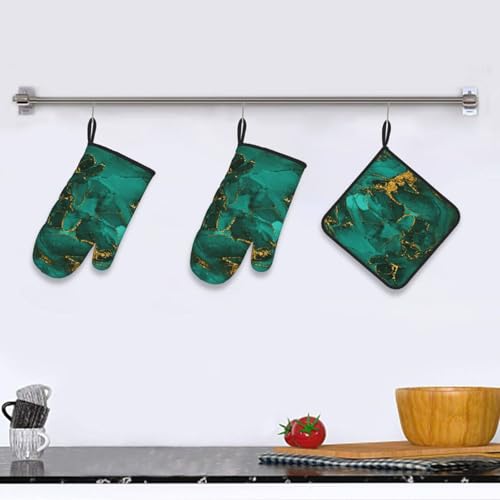 Turquoise Marble Oven Mitts and Pot Holders Sets of 3 Kitchen Decor (Green Marble)