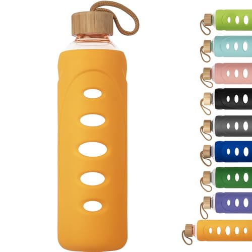 32 oz Narrow Mouth Glass Water Bottle with Windowed Silicone Sleeve (Orange)