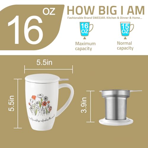 Sweejar Porcelain Tea Infuser Mug with Lid (Cerulean Lotus / Tea Cup(16 Fl Oz))