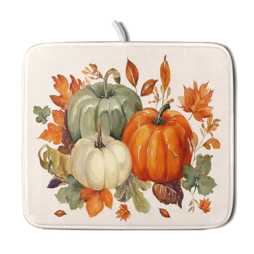 Fall Pumpkin Dish Drying Mat Autumn Leaves Absorbent Dishes Pad 16x18 Inch Seasonal Microfiber Dish Drainer Rack Mat for Kitchen Countertop (Fall Pumpkin / 16x18 inch)