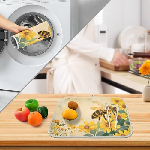 Honey Bee Dish Drying Mat for Kitchen Counter Absorbent Microfiber Large Drying Pad Yellow Flowers Leaves Dish Mats for Kitchen Countertops 18 x 24 Inch117 (24" x 18")