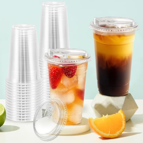 100 Pack 24 oz Clear Plastic Cups with Sip Lids (24oz 100Pack)