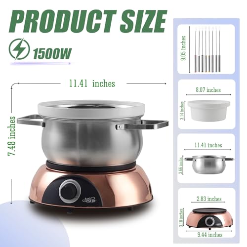Electric Fondue Pot Set for Cheese (C. Stainless Steel/Ceramic Pots, Rose-gold Base)