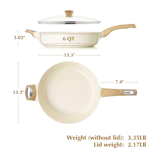 Ceramic Nonstick Frying Pan Skillet with Lid (6QT / 13.3IN / Ceramic White)