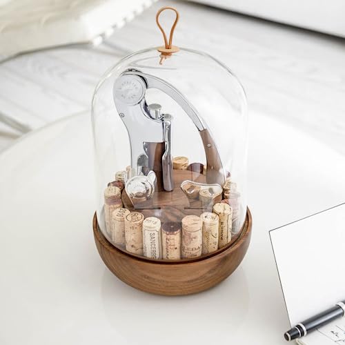 Oeno Motion Groom Corkscrew & Cork Dome Glass Cloche Display (Oeno Motion Wood and Chrome Deluxe)