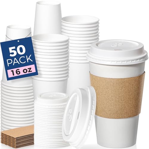 50 Pack 16 oz Disposable Coffee Cups with Lids (16 oz / Classic)