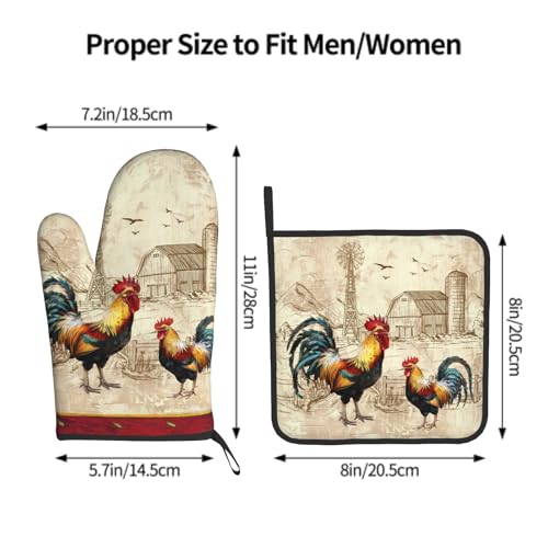 Farm Rooster Oven Mitts and Pot Holder Set of 2 Rustic Chicken Kitchen Potholders Heat Resistant Oven Glove for Baking Cooking Grilling BBQ (Farm Rooster)