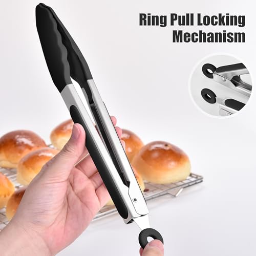 Kitchen Tongs with Silicone Tips for Cooking Serving (9in / Black)