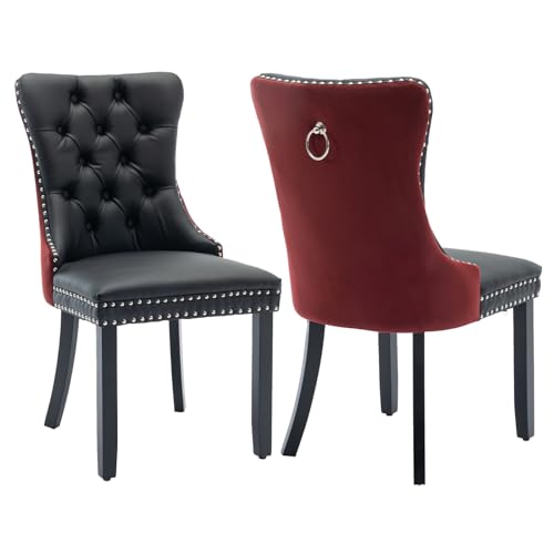 Red Velvet and Black PU Upholstered Dining Chairs Set of 2 (Black 2)