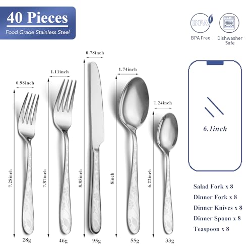 40 Piece Silverware Set Service for 8 (Silver Daisy)
