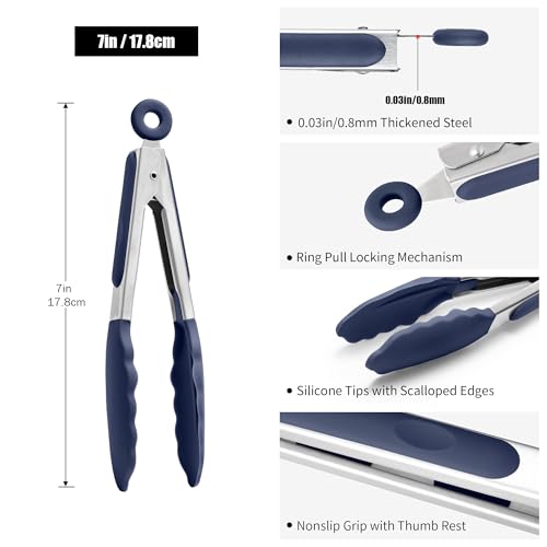 Kitchen Tongs with Silicone Tips for Cooking Serving (7in / Navy Blue)