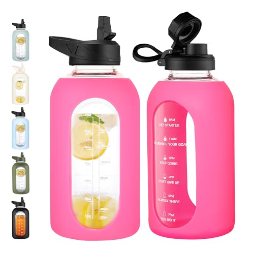64 oz Glass Water Bottle with Straw (Camelia / 64 Ounces)