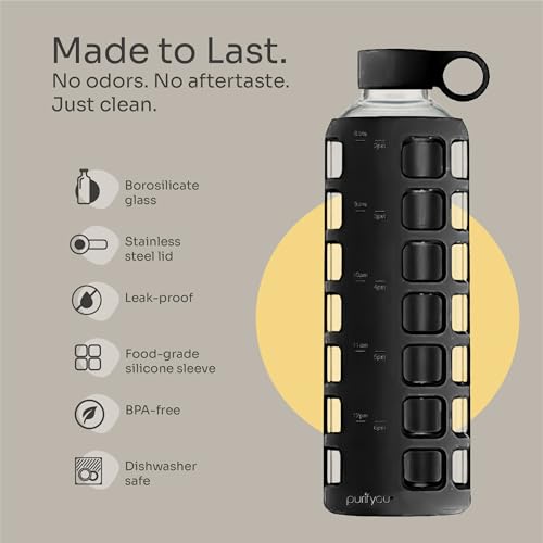 40oz / 32oz / 22oz / 12oz Borosilicate Glass Water Bottle with Time & Volume Markers, Silicone Sleeve, Stainless Steel Lid | Reusable Glass Bottle for Water & Juice (40oz Jet Black) (Jet Black / 40 Ounces)