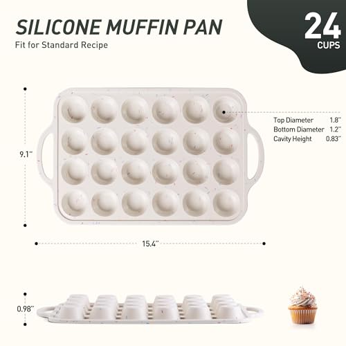 24 Cups Silicone Muffin Pan with Metal Reinforced Frame Mini Size Cupcake Pan Tray Egg Bites Silicone Circle Cookie Molds Muffin Tin Tart Pans Non Stick Toxic Oven Safe Baking Sheet Set (Mini / Cream)