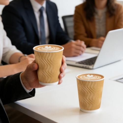 500 Pack 12oz Insulated Disposable Paper Coffee Cups Champagne (Champagne-500 / 12 oz)
