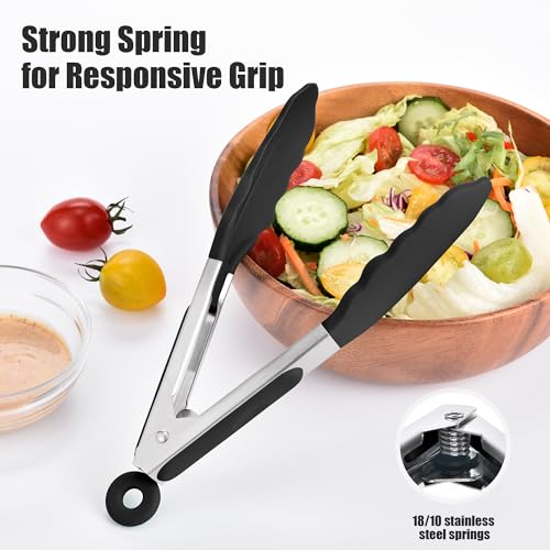 Kitchen Tongs with Silicone Tips for Cooking Serving (7in / Black)