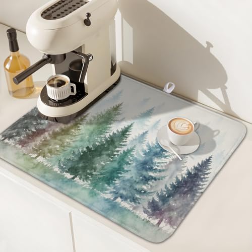 Pine Tree Dish Drying Mat Natural Forest Fog Microfiber Dishes Pad 16x18 Inch Absorbent Fast Dry Dish Drainer Rack Mats for Kitchen Counter (Pine / 16x18 inch)