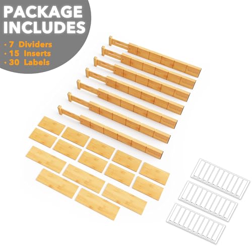 Bamboo Drawer Dividers with Inserts and Labels (2.35''H, 17''-22''L, 7 Dividers / NATURAL)
